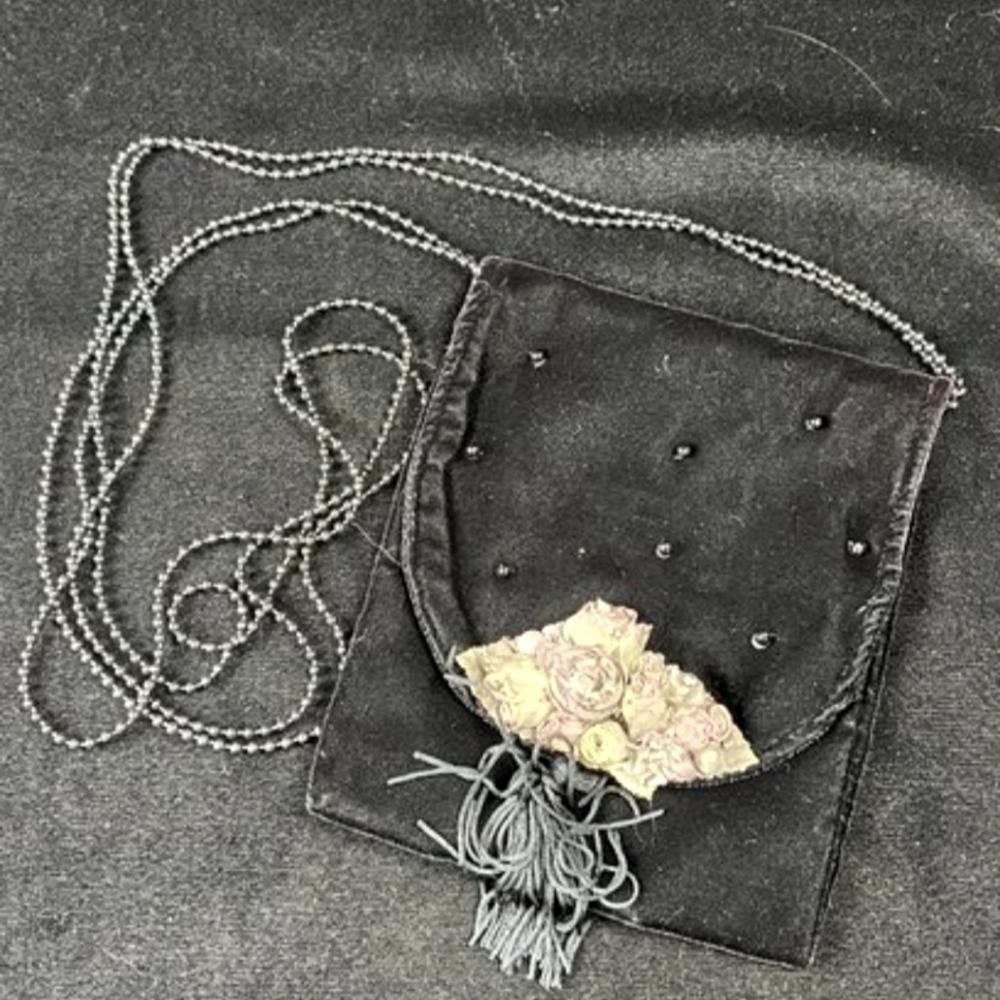 Original Mo Black Velvet Crossbody Bag with Flowers and Tassel